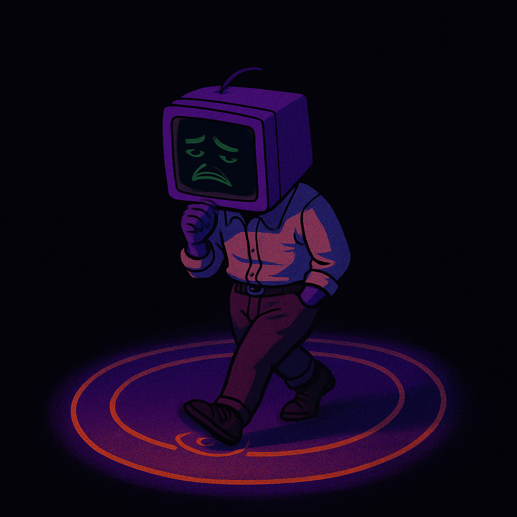 muttrman, the CRT-headed mascot, pacing through a neon halo